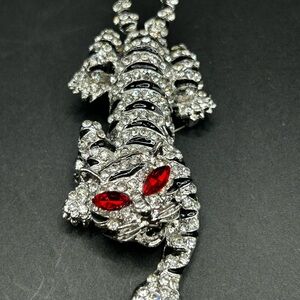 Red Eyed Crystal Rhinestone Articulated Tiger Cat Pendant, Statement Jewelry